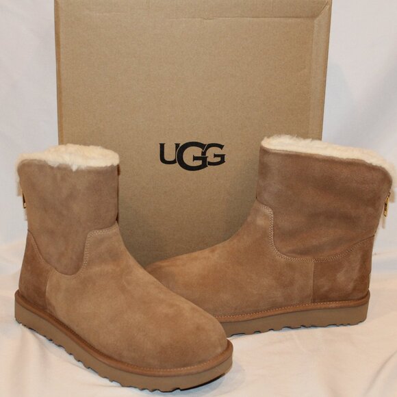 UGG WOMEN'S MINI ZIP SUEDE SHEARLING LINED ANKLE BOOTS CHESTNUT NEW - Picture 3 of 10